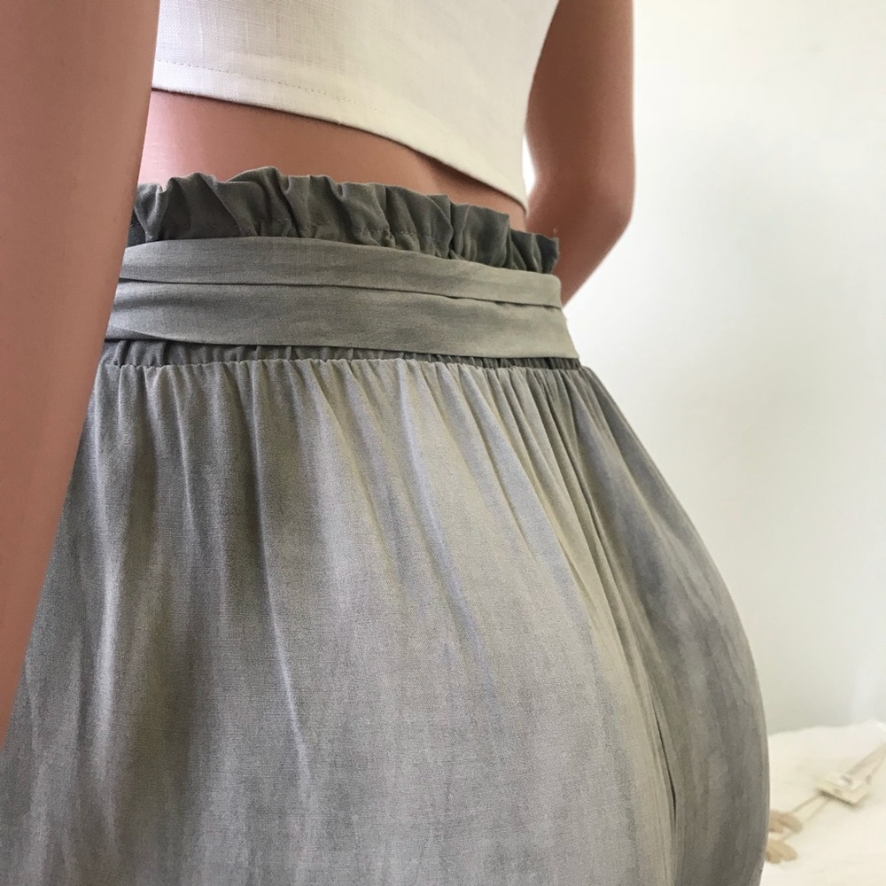 Wide Leg Slit Front Silk Pants Acid Wash Gray, Tie - Picture 3 of 7